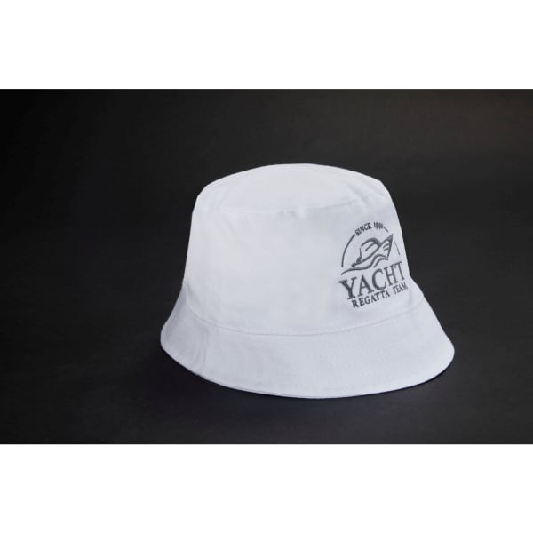 A white bucket hat featuring a logo, made from durable fabric for casual wear.