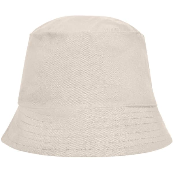 A beige bucket hat with a wide brim, featuring a simple design and a logo on the side.