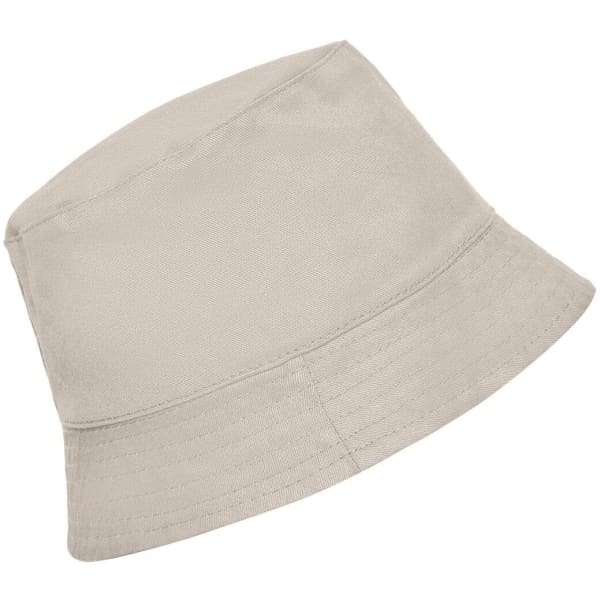 A beige bucket hat featuring a wide brim and a simple design, with a small logo on the side.