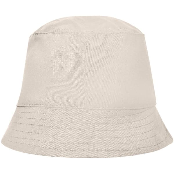 A beige bucket hat made from soft fabric, featuring a round crown and a wide, downward-sloping brim.
