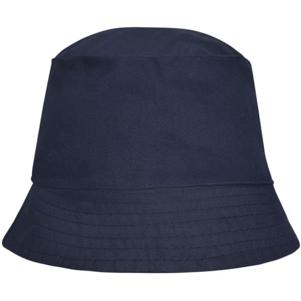 A navy blue bucket hat with a wide brim and a subtle texture, featuring a branding logo.
