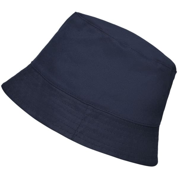 A navy blue bucket hat with a wide brim and a simple design, featuring a logo.