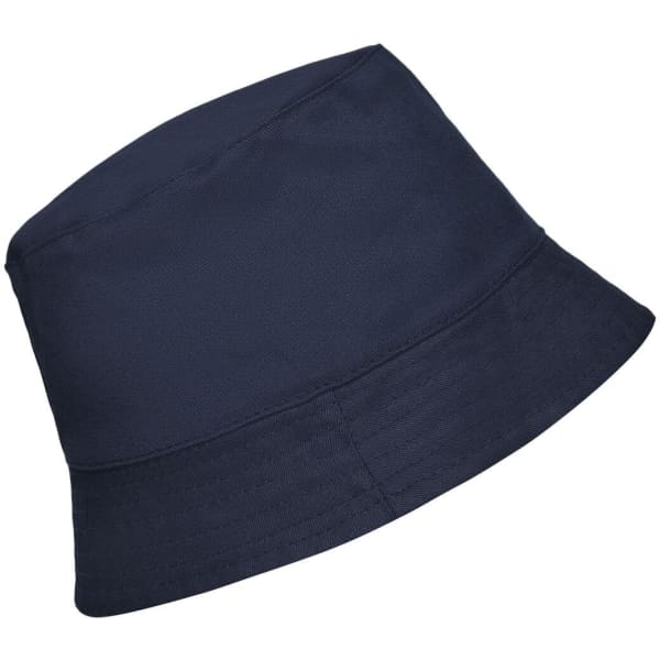 A navy blue bucket hat with a wide brim and a simple design. It includes a logo on the side.