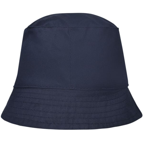A navy blue bucket hat with a wide brim and a simple design. It features a logo on the side.