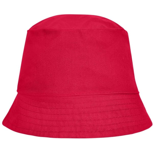 A red bucket hat with a wide brim and a smooth finish, featuring a logo on the side.