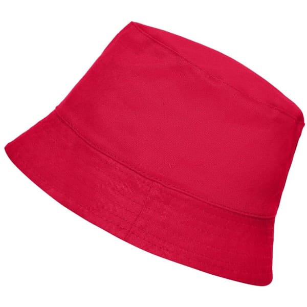 A red bucket hat with a wide brim and a simple design, featuring a logo on one side.