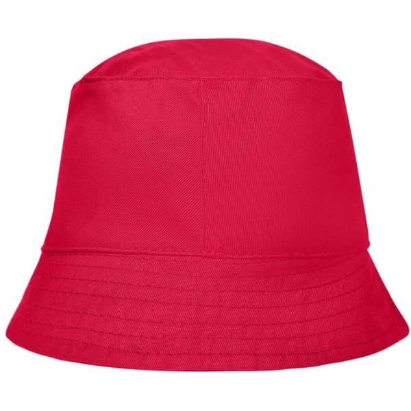 A red bucket hat with a wide brim, featuring a plain design and a logo.
