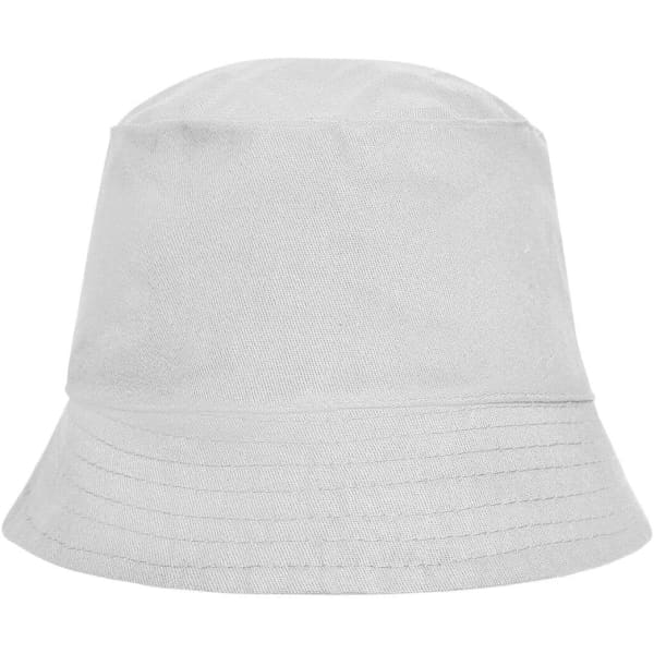 A white bucket hat with a wide brim and pleated detailing, featuring a logo on the side.