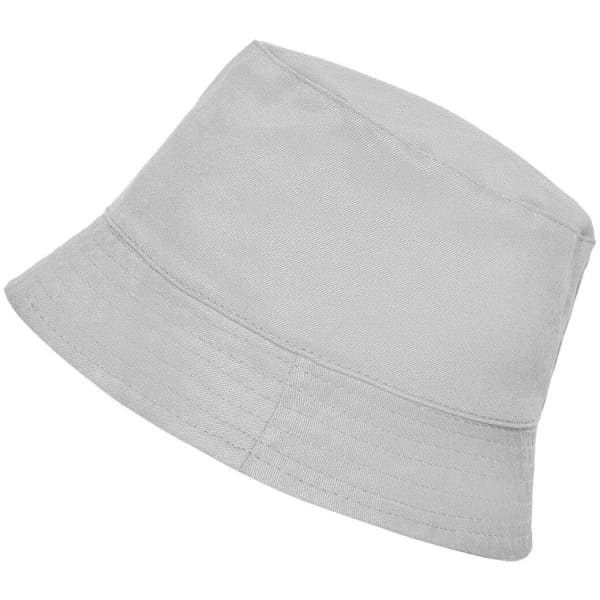 A light grey bucket hat with a soft fabric and a subtle brim, featuring a logo on the side.