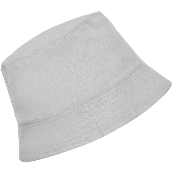 A light grey bucket hat featuring a simple design and soft fabric, with a visible branding logo.