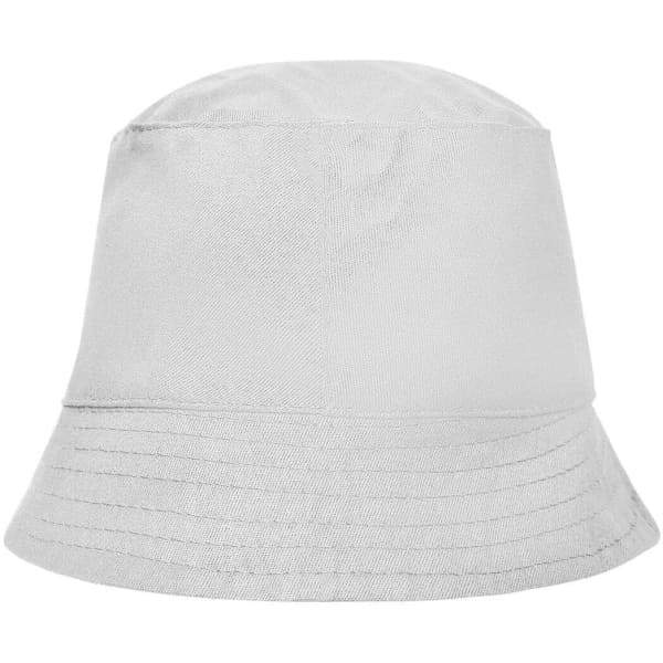 A grey bucket hat with a wide brim and a simple design, featuring a logo on the front.