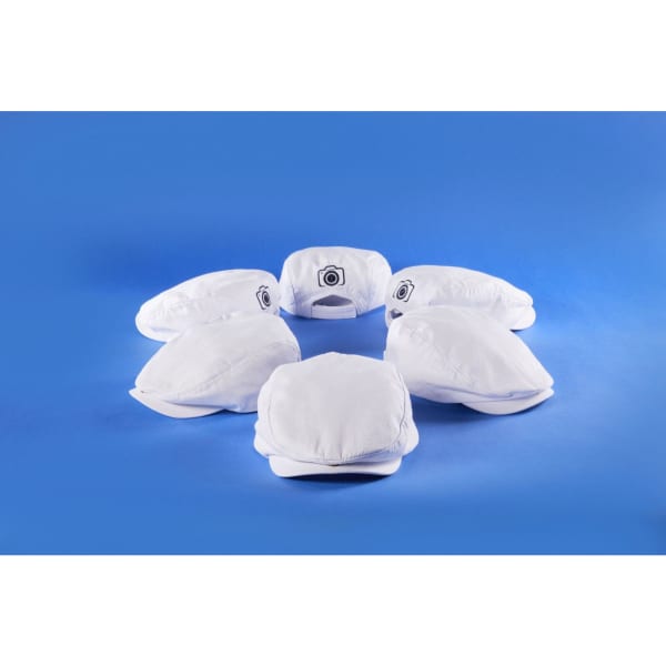 A group of six white Cabrio Caps arranged in a circular formation against a blue background, featuring a logo on one cap.