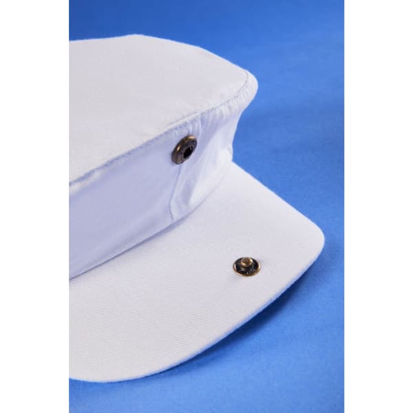 A white Cabrio Cap featuring bronze buttons on a blue background.