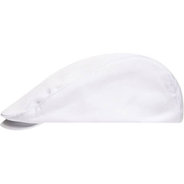 A white Cabrio Cap with a flat design and a small brim, featuring a branding logo.