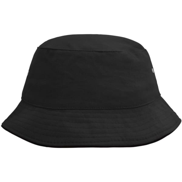 A black Fisherman Piping Hat with a wide brim, featuring a logo on the side. Suitable for outdoor activities.