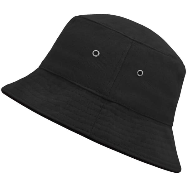 A black fisherman piping hat featuring two ventilation eyelets and a wide brim. It has a logo on the side.