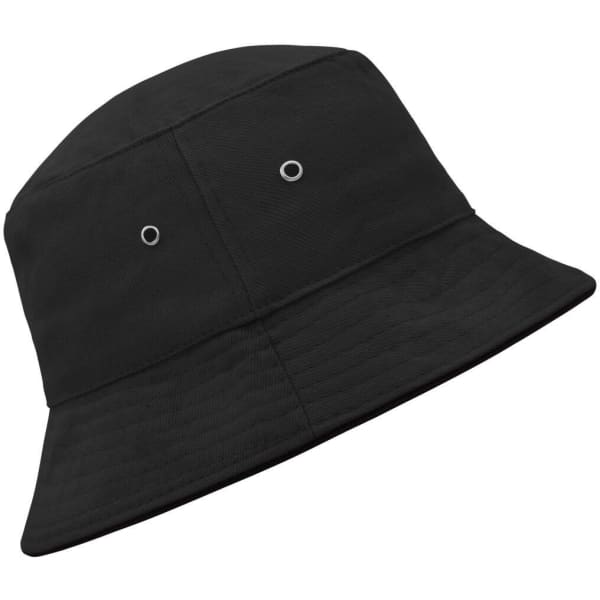 A black bucket hat featuring a wide brim and eyelets on the sides. It has a simple and sleek design.