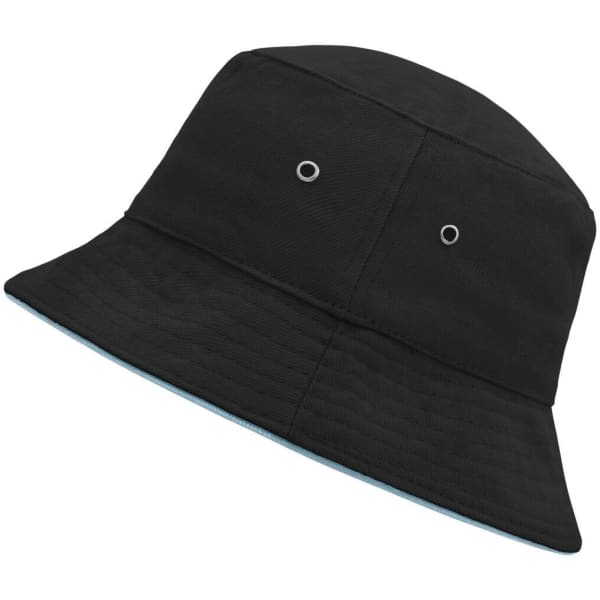 A black bucket hat with ventilation holes and a contrasting underside. It features a logo on the exterior.