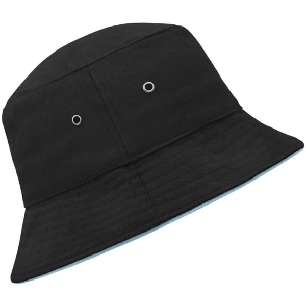 A black bucket hat with two ventilation eyelets, featuring a light blue underside. It has a branding logo.