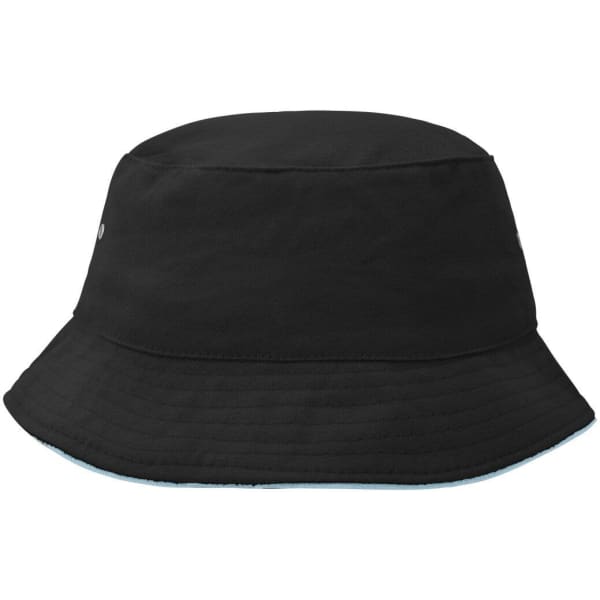 A black Fisherman Piping Hat featuring a simple design and a logo. Brimmed bucket style.