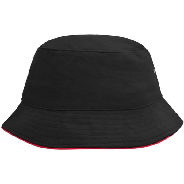 A black fisherman piping hat with a red trim, featuring a logo on the side. Ideal for outdoor wear.