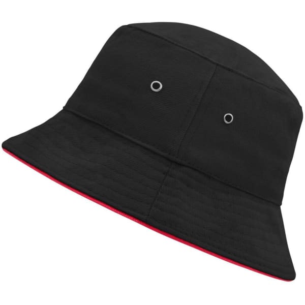 A black bucket hat with a red underside and metal eyelets for ventilation. It features a logo on the front.