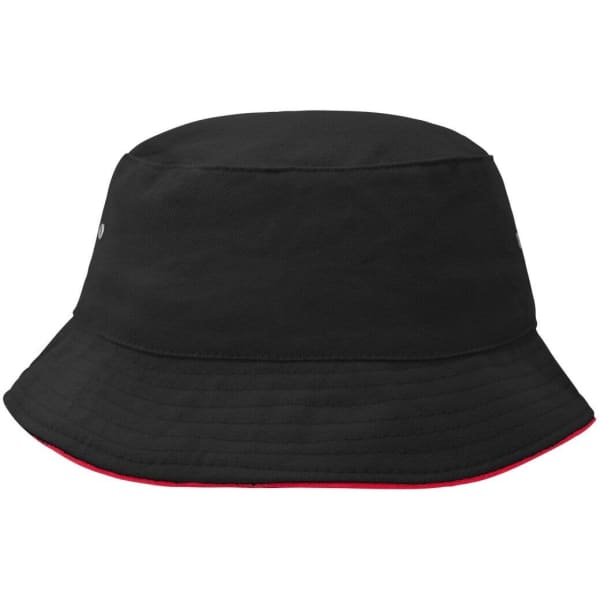 A black bucket hat with a red underside, featuring a logo on the side.
