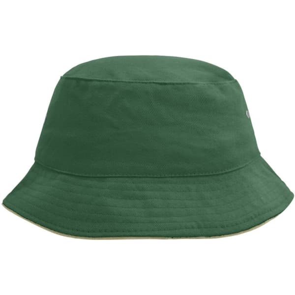 A green bucket hat with a wide brim and a logo on the side.