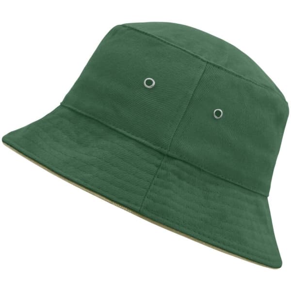 A green fisherman piping hat with a wide brim and ventilation eyelets, featuring a durable design.