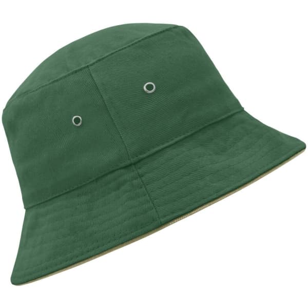 A green fisherman piping hat with a bucket design and ventilation eyelets. It features a subtle logo on the side.