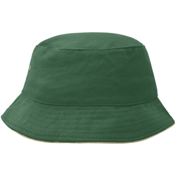 A green fisherman piping hat with a wide brim and a neutral underside, featuring a small logo.
