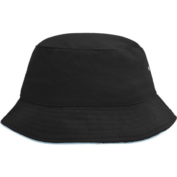 A black fisherman piping hat with a wide, floppy brim, featuring a logo on the side.
