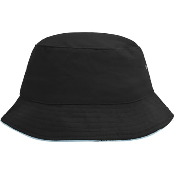 A black bucket hat with a wide brim, featuring a logo on the side.
