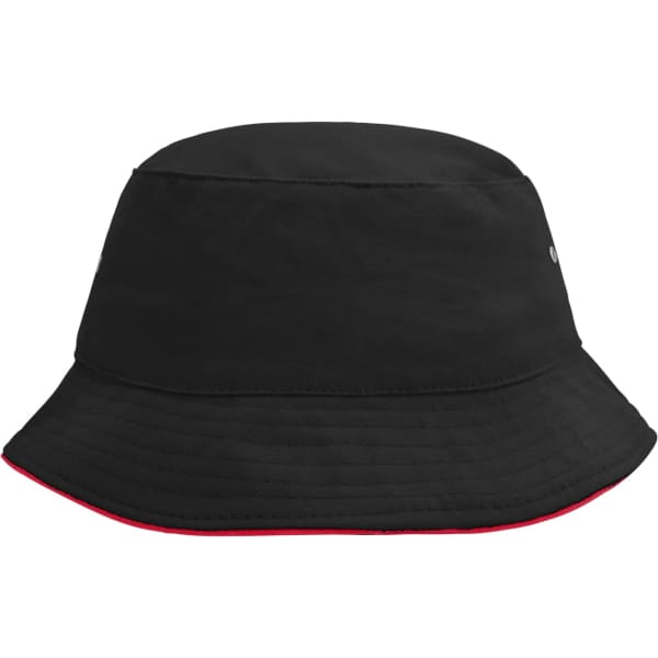 A black bucket hat with a red trim and a logo on the side. Ideal for casual outdoor wear.
