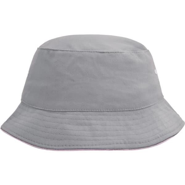 A grey fisherman piping hat with a wide brim and a simple design. It features a logo.