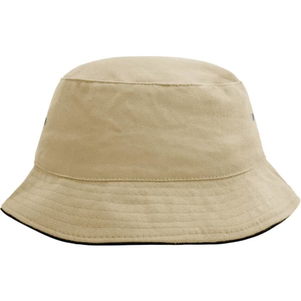 A beige bucket hat with a wide brim and a small logo on the side.