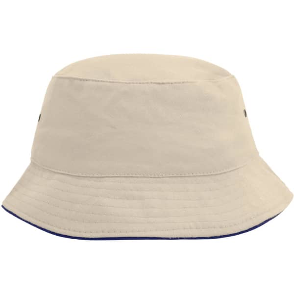 A beige bucket hat with a wide brim and a logo, featuring a simple and classic design.