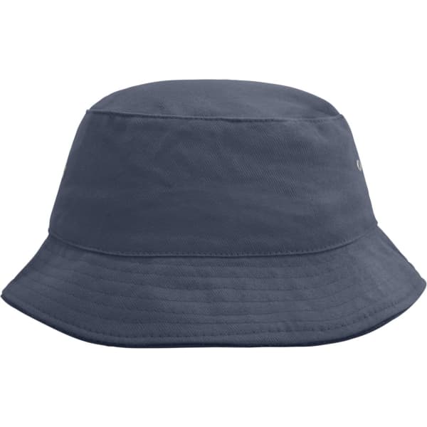 A dark blue bucket hat with a wide brim, featuring a logo. Ideal for outdoor activities.