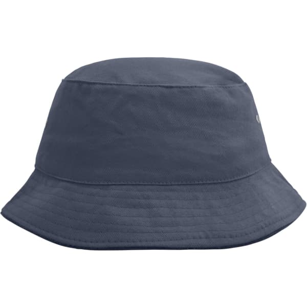 A navy blue bucket hat with a wide brim, featuring a logo on the side. Suitable for outdoor use.