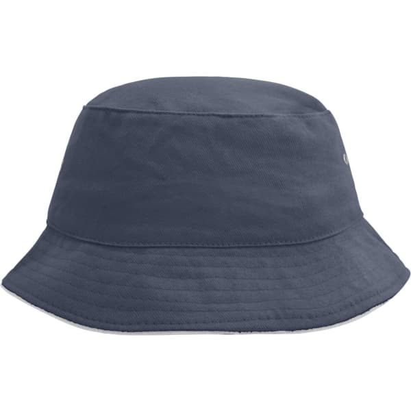 A navy blue bucket hat with a wide brim and a small logo on the side.