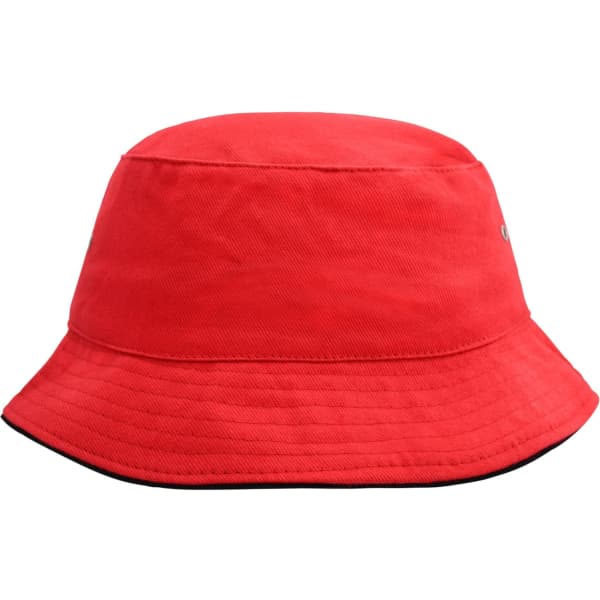 A red fisherman piping hat with a wide brim and black detailing, featuring a logo on the side.