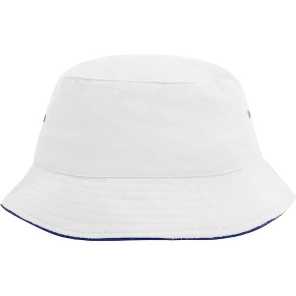 A white bucket hat with a blue trim, featuring branding on the sides. Ideal for outdoor activities.