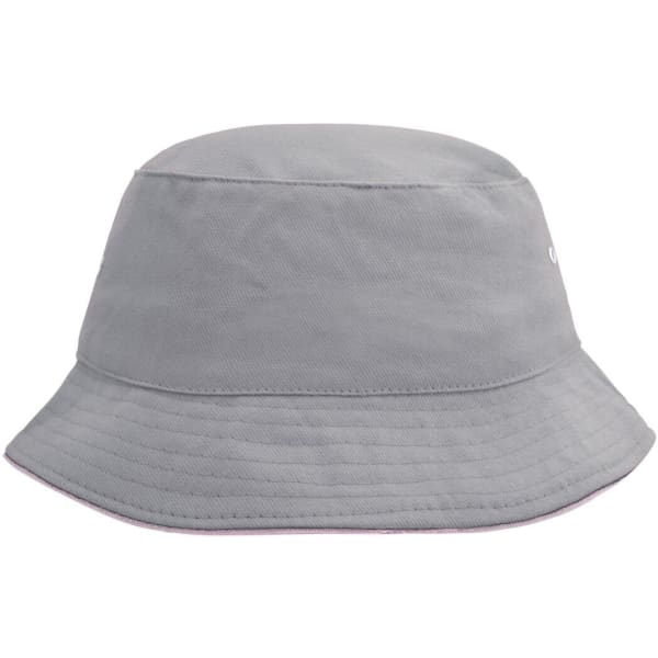 A grey bucket hat with a wide brim and a logo. Suitable for fishing or casual wear.