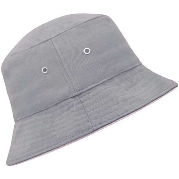A grey bucket hat with eyelet vents and a ribbed texture. The hat features a logo on the side.