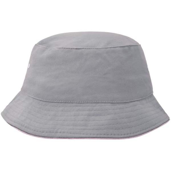A grey bucket hat featuring a wide brim and a simple design, with a logo on one side.
