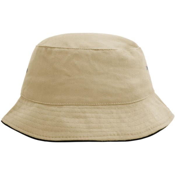 A beige bucket hat with a wide brim, featuring a logo on the side. Suitable for outdoor activities.