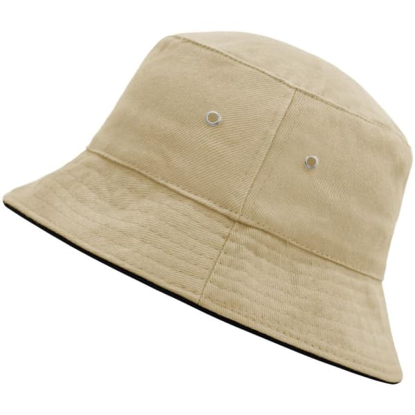 A beige fisherman piping hat featuring a bucket design with ventilation holes and a contrasting black underside.