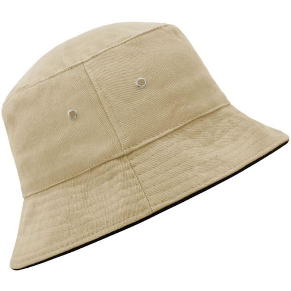 A beige bucket hat featuring ventilation eyelets and a contrasting black underside, with a logo present.