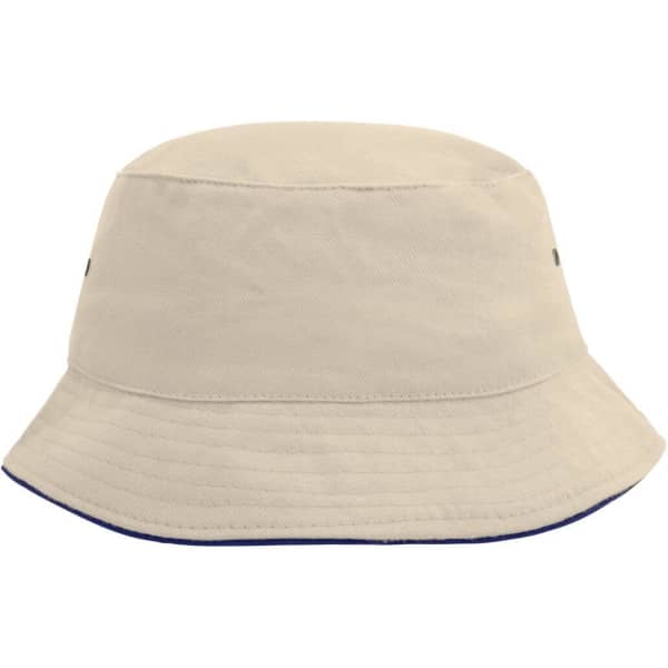 A beige bucket hat with a contrasting navy trim, featuring a logo. Suitable for casual wear and outdoor activities.
