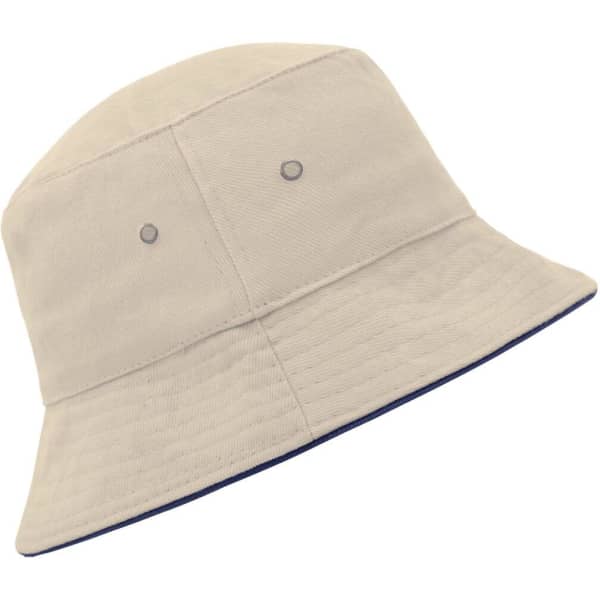 A beige bucket hat with a band and eyelet detail, featuring a logo on the side.